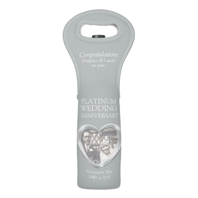 Platinum wedding anniversary heart photo wine bag (Front)
