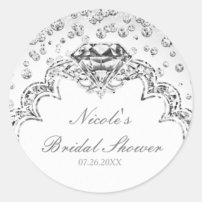 Platinum White Silver Diamond Bling Elegant Favor Classic Round Sticker (Front)
