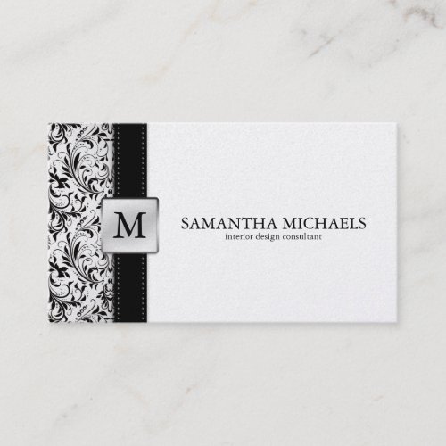 Platnium Damask Monogram Interior Design Business Cards