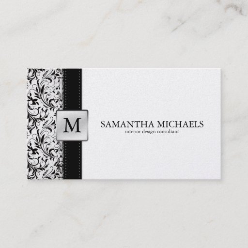 Customizable Platnium Damask Monogram Interior Design Business Cards