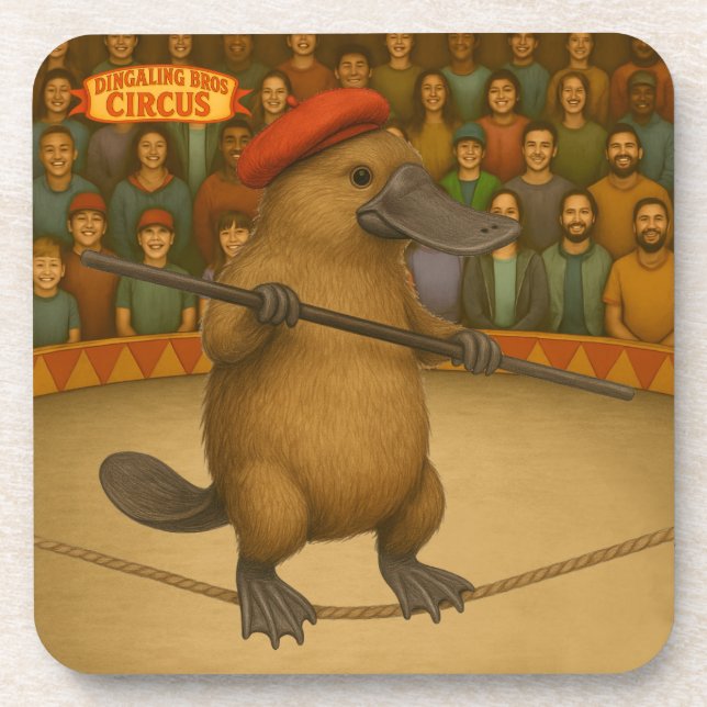 Plato platypus tightrope walker beverage coaster (Front)