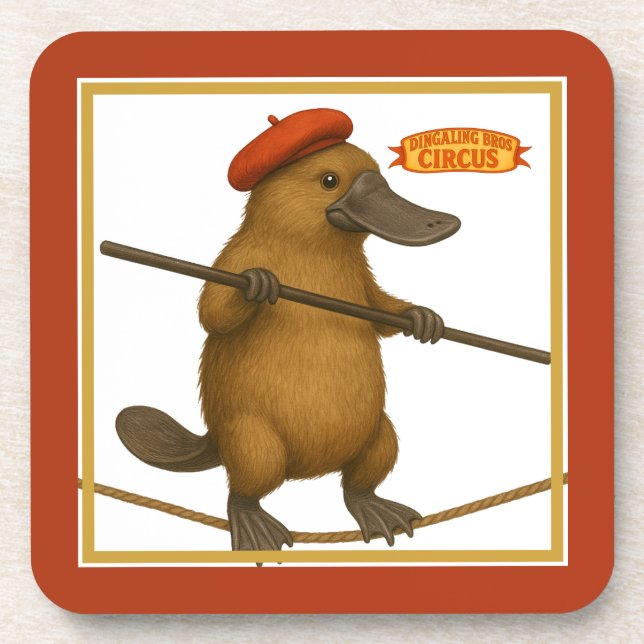 Plato platypus tightrope walker beverage coaster (Front)