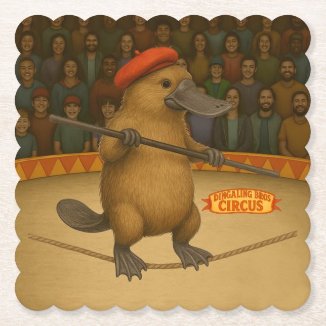 Plato platypus tightrope walker paper coaster (Front)