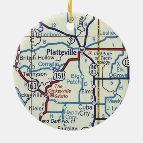 Platteville WI Vintage Map Ceramic Ornament