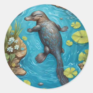 Platypus in the river. classic round sticker
