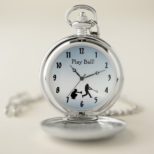 Play Ball Baseball Sports Blue Pocket Watch (Inside)