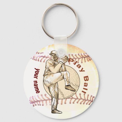 Play Baseball Pitcher custom name Keychain