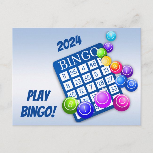 Play Bingo! Blue 2024 Calendar on Back Postcard