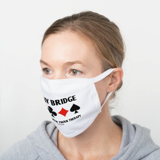 Play Bridge It's Cheaper Than Therapy Card Suits White Cotton Face Mask (Angled)