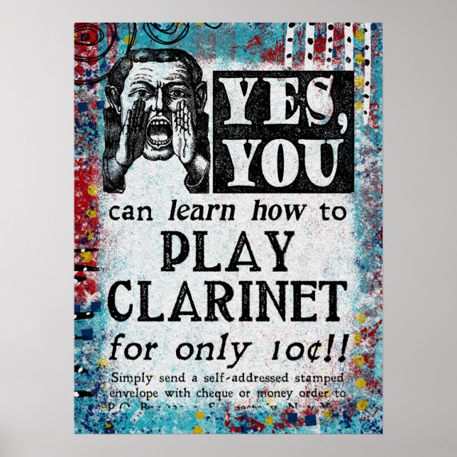 Play Clarinet Poster - Funny Vintage Ad (Front)