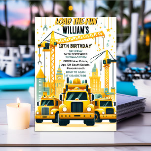 play kids Simple construction trucks 5th birthday Invitation