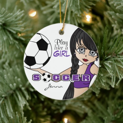 Play Like A Girl  Soccer  Purple Ceramic Ornament