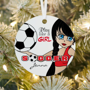 Play Like A Girl   Soccer   Red  Metal Ornament