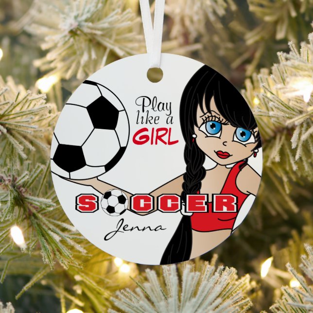 Play Like A Girl | Soccer | Red  Metal Ornament (Insitu)