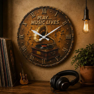 Play Music Lives Vintage Gramophone Vinyl Record D Large Clock