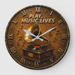 Play Music Lives Vintage Gramophone Vinyl Record D Large Clock