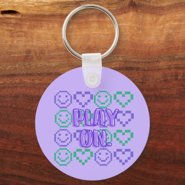 Play On & Gaming Style Pixelated Elements Keychain (Front)