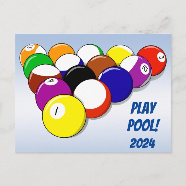 Play Pool 2024 Calendar on Back Postcard