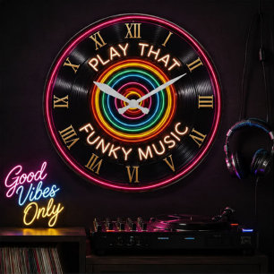 Play That Funky Music  Neon Vinyl Record Decor Large Clock