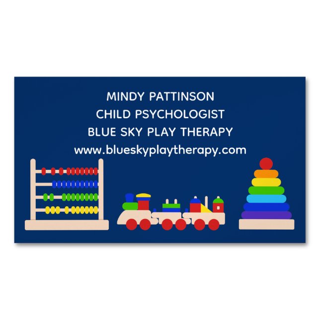 Play Therapy Child Psychologist Toys Train Blue Business Card Magnet (Front)
