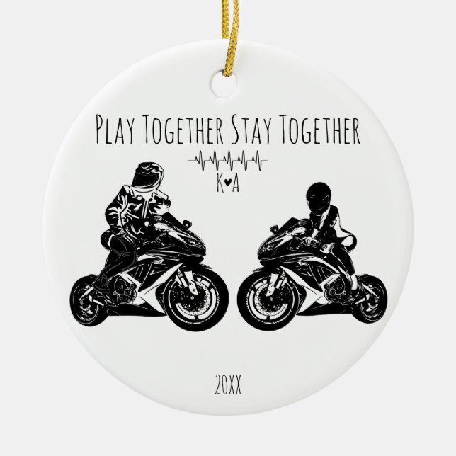 Play Together...Personalized Motorcycle Ceramic Ornament (Front)