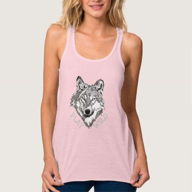 Play Wild Gray Hipster Wolf Head Tank Top (Front)