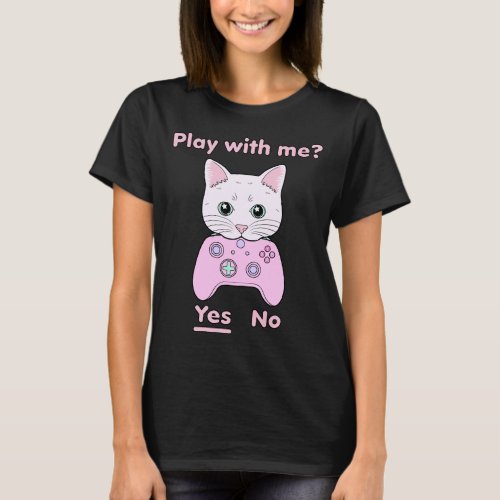 Play With Me Pink Cartoon Gamer Cat T_Shirt