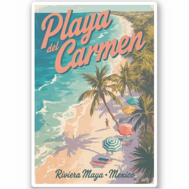 Playa del Carmen Beach Illustration Travel Art Sticker (Front)
