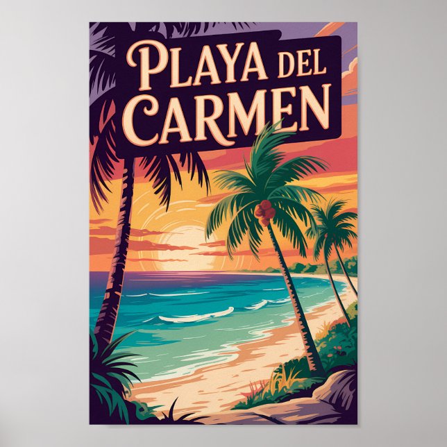 Playa del Carmen Illustration Travel Art Vintage Poster (Front)
