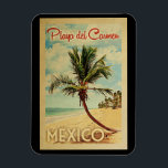 Playa del Carmen Magnet Palm Tree Vintage Travel<br><div class="desc">A uniquely retro mid-century modern Playa del Carmen Mexico art print in vintage travel poster style. It features a curved palm tree on sandy beach with ocean under a blue cloudy sky.</div>