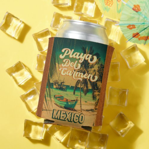 Playa del Carmen Mexico Palm Tree Vintage Travel Can Cooler