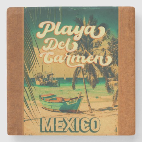 Playa del Carmen Mexico Palm Tree Vintage Travel Stone Coaster