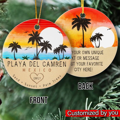 Playa del Carmen Mexico Retro Sunset Palm tree 60s Ceramic Ornament