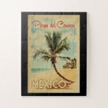 Playa del Carmen Palm Tree Vintage Travel Jigsaw Puzzle<br><div class="desc">A uniquely retro mid-century modern Playa del Carmen Mexico art print in vintage travel poster style. It features a curved palm tree on sandy beach with ocean under a blue cloudy sky.</div>