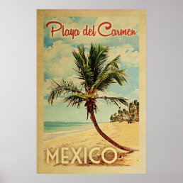 Playa del Carmen Palm Tree Vintage Travel Poster