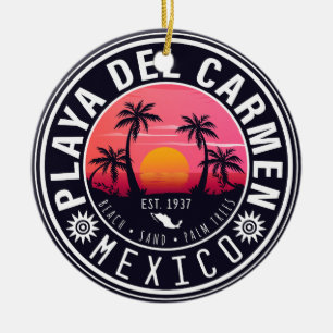 Playa del Carmen Retro Sunset Palm trees 1960s Ceramic Ornament