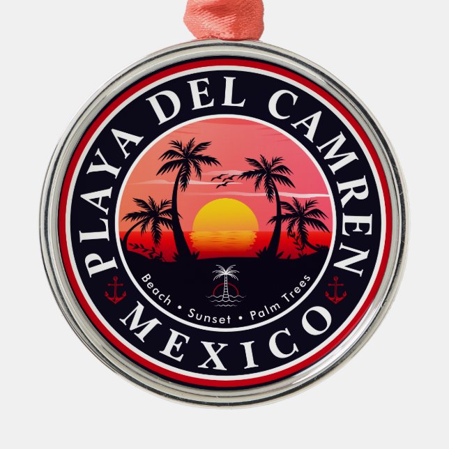 Playa del Carmen Retro Sunset Palm trees 1960s Metal Ornament (Front)
