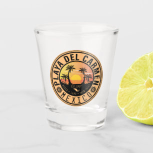 Playa del Carmen Retro Sunset Palm trees 1960s Shot Glass