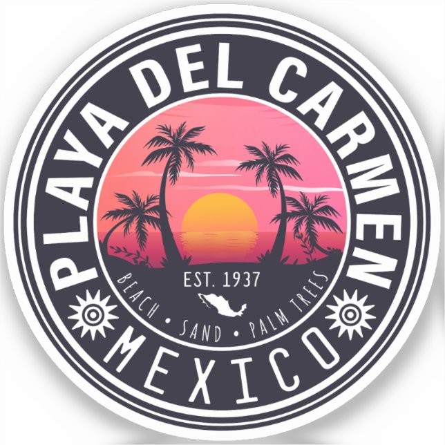 Playa del Carmen Retro Sunset Palm trees 1960s Sticker (Front)