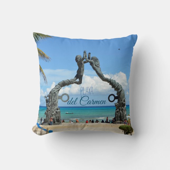 Playa del Carmen Statue Ocean Landscape Souvenir Throw Pillow (Front)