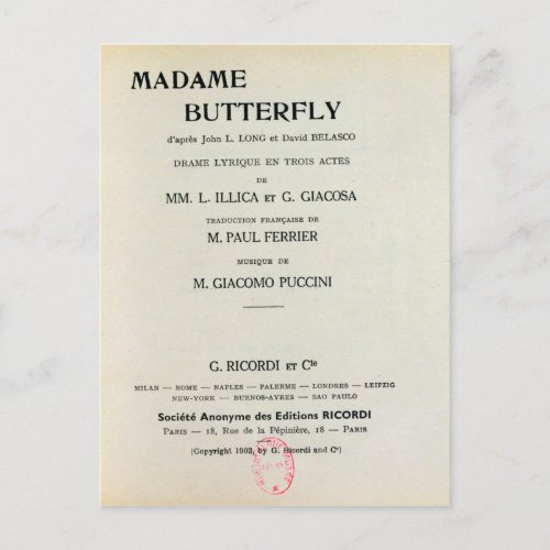 Playbill for Madame Butterfly by Giacomo Postcard