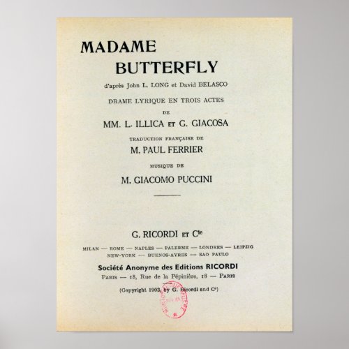 Playbill for Madame Butterfly by Giacomo Poster