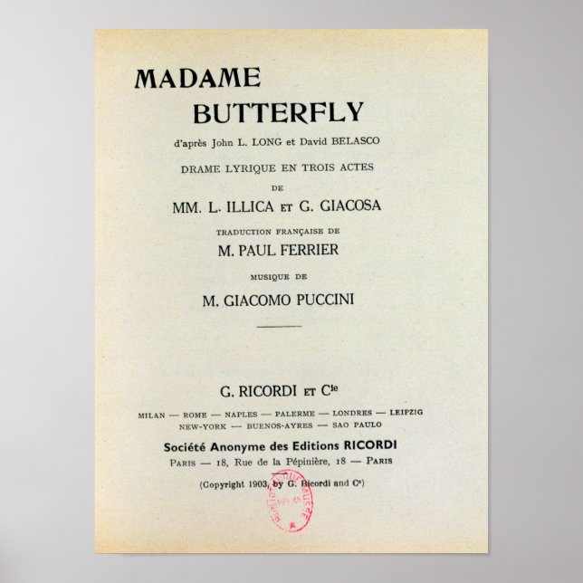 Playbill for Madame Butterfly by Giacomo Poster (Front)