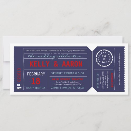 Playbill Ticket Wedding Invitation _ Navy  Red