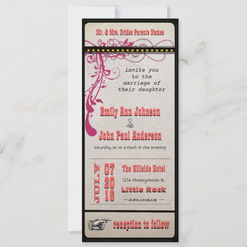 Playbill Ticket Wedding Raspberry Coral and Yellow Invitation