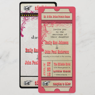 Playbill Ticket Wedding Raspberry Coral and Yellow Invitation