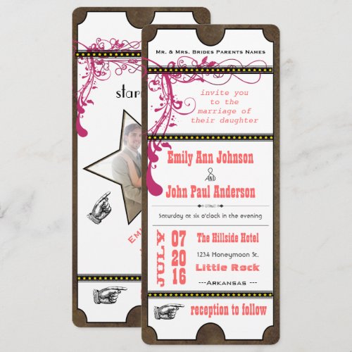 Playbill Ticket Wedding Raspberry Coral and Yellow Custom Invitation