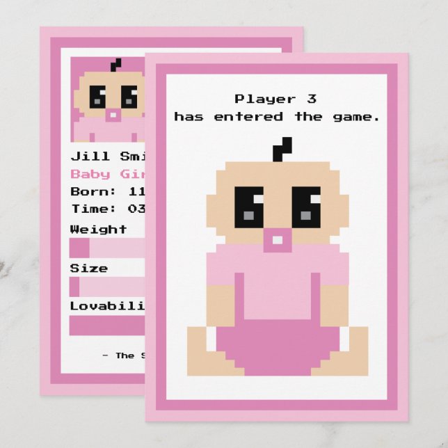Player 3 Entered Game Baby Girl Arrival Card (Front/Back)