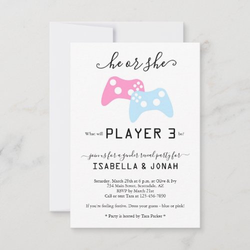 Player 3 Video Game Gender Reveal Party Invitation