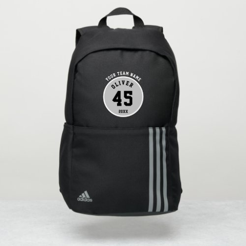 Player Grey Name Number Team Name Adidas Backpack - Player Grey Name Number Team Name Adidas Backpack. Personalize it with your name, team name and team number.  You can change any text on the backpack or erase it. A perfect gift for a football, basketball, soccer, baseball, volleyball player.